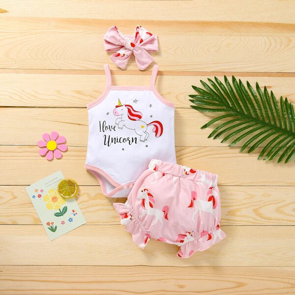 

Baby Girl Cartoon Graphic Bodysuit & Shorts & Headband, Multicolor