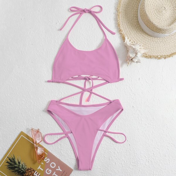 

Criss Cross Halter One Piece Swimsuit, Baby pink