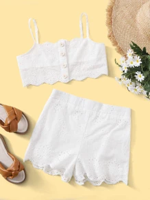 SHEIN 女孩網眼刺繡吊帶上衣和短褲套裝