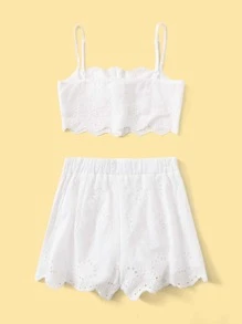 SHEIN 女孩網眼刺繡吊帶上衣和短褲套裝