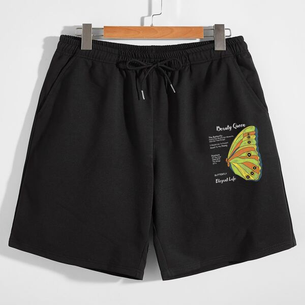 

Men Butterfly & Slogan Graphic Track Shorts, Black
