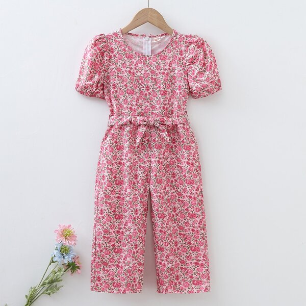 

Toddler Girls Floral Print Puff Sleeve Belted Jumpsuit, Pink