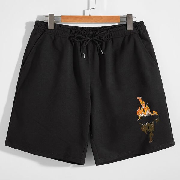 

Men Fire Print Drawstring Waist Track Shorts, Black