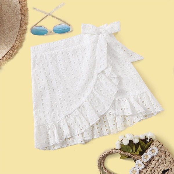 

Girls Knot Side Ruffle Wrap Schiffy Skirt, White