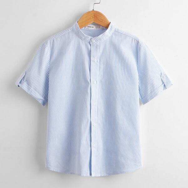 

Boys Roll Tab Sleeve Striped Shirt, Blue and white