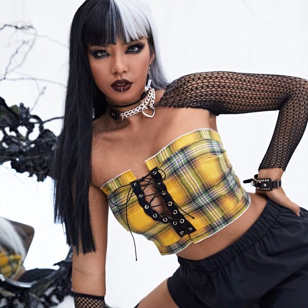 

Plus Grommet Lace-up Tartan Tube Top, Yellow