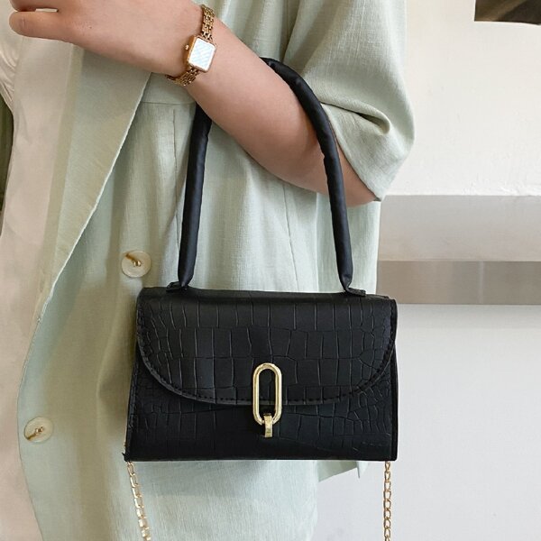

Metal Decor Croc Embossed Shoulder Bag, Black