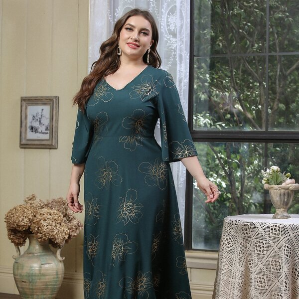 

Plus Floral Print A-line Dress, Dark green