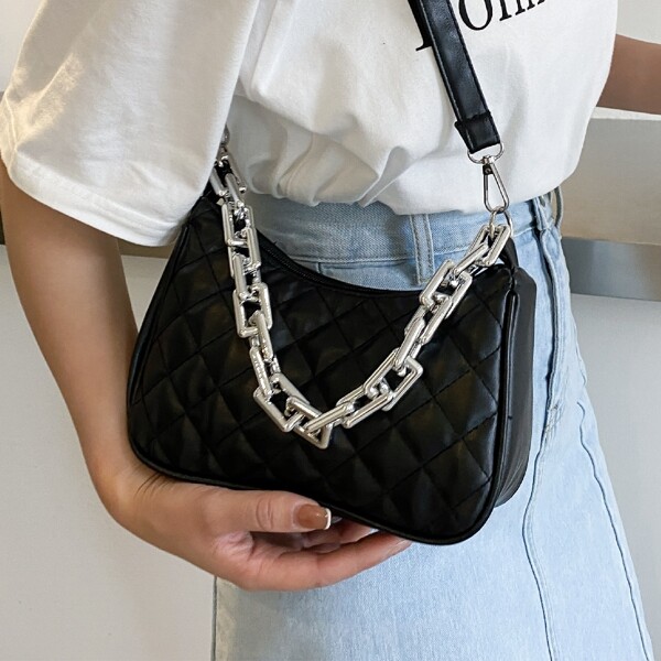 

Chain Decor Quilted Shoulder Bag, Black