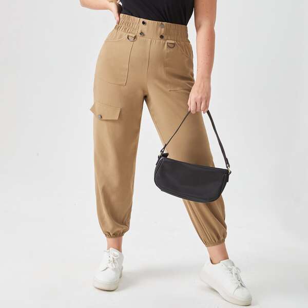 

Plus Double Breasted Flap Detail Pants, Brown