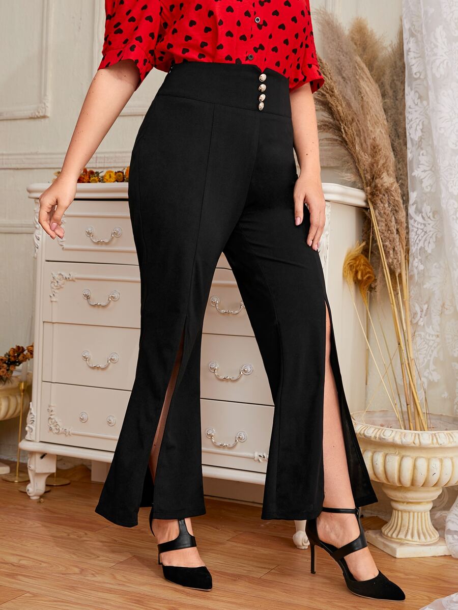 Pantalones con botón bajo con abertura amplio - Negro - Ver 1