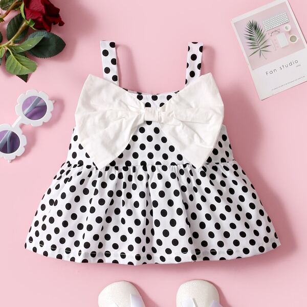 

Baby Girl Polka Dot Big Bow Cami Top, Black and white