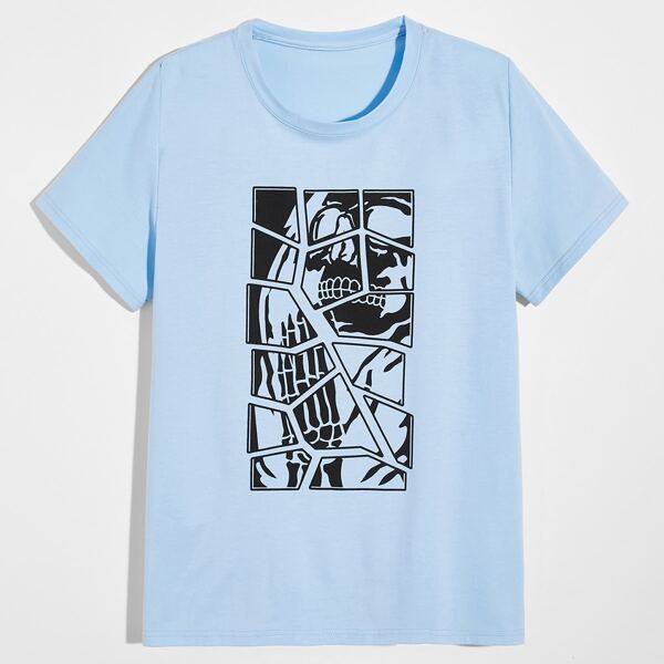 

Men Skull Print Short Sleeve Tee, Baby blue