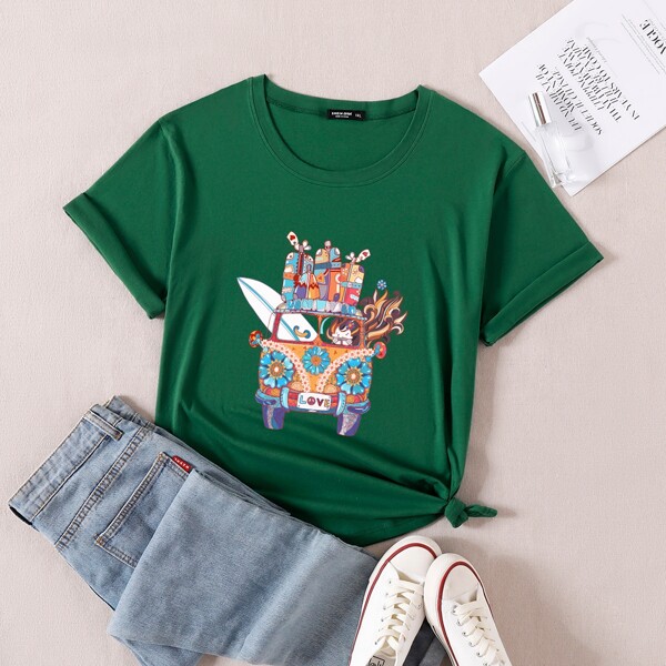 

Plus Graphic Print Crew Neck Tee, Green
