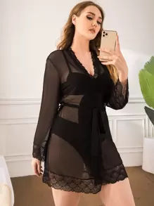 Plus 1pc Sheer Mesh Robe - Black - View 1