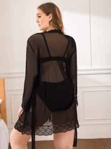 Plus 1pc Sheer Mesh Robe - Black - View 2
