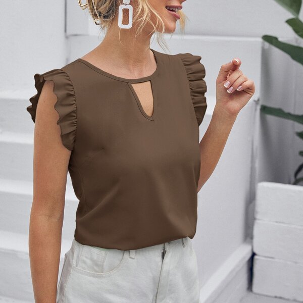 

Keyhole Neckline Ruffle Detail Top, Brown