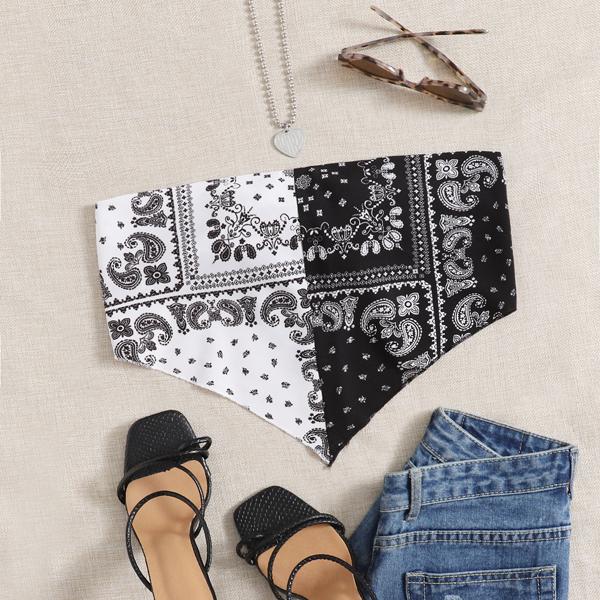 

Scarf Print Bandana Tube Top, Black and white
