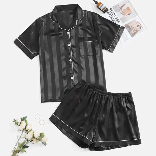 

Plus Satin Contrast Binding Pocket Front PJ Set, Black