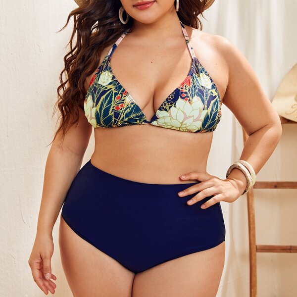 

Plus Floral Triangle High Waisted Bikini Swimsuit, Multicolor