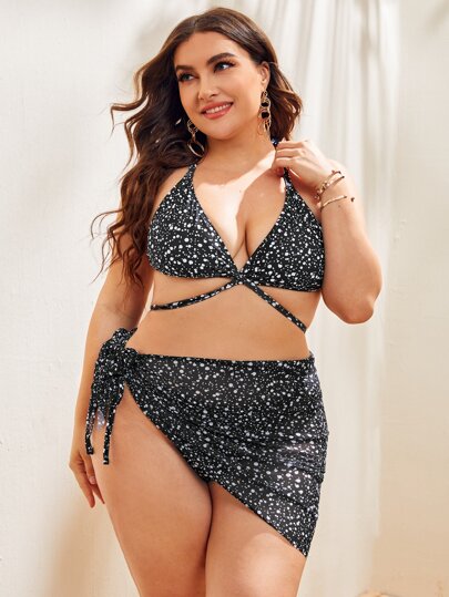 3مجموعات بكيني بطراز نقاط الفراشة ذو حمالة للمقاسات الكبيرة وتنورة شاطئية، إطلالة شاطئية صيفية