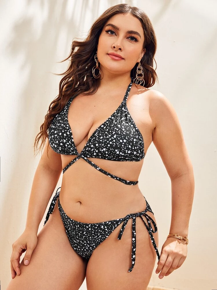 Plus Size 3packs Polka Dot Halter Bikini Set & Beach Skirt Summer Beach