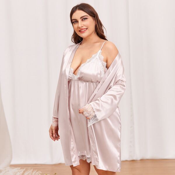

Plus 2pack Lace Panel Slip Satin Dress & Belted Robe, Baby pink