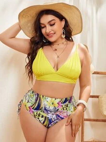 Plus Size Floral Triangle Tie Side Bikini Set Summer Beach - Multicolor - View 1