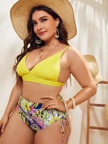 Plus Size Floral Triangle Tie Side Bikini Set Summer Beach - Multicolor - View 3