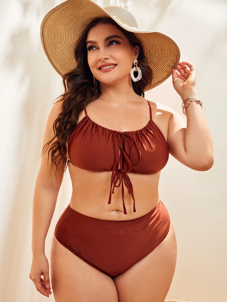 Plus Size Tie Front High Waisted Bikini Set Summer Beach - Rust Brown - View 1