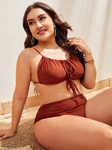 Plus Size Tie Front High Waisted Bikini Set Summer Beach - Rust Brown - View 3