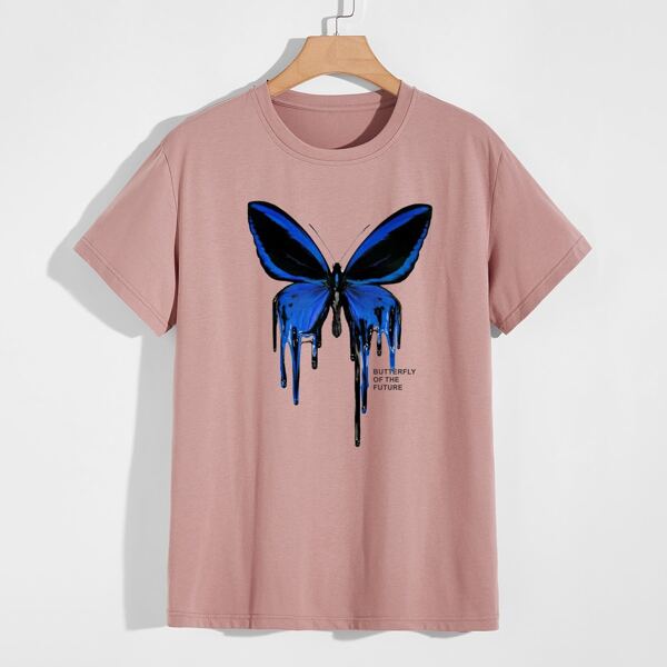 

Men Butterfly And Slogan Graphic Tee, Dusty pink