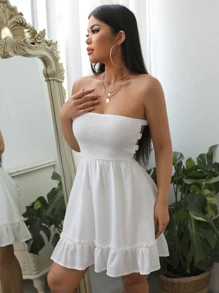 Aloruh Shirred Bodice Cut Out Back Tube Dress - White - View 2