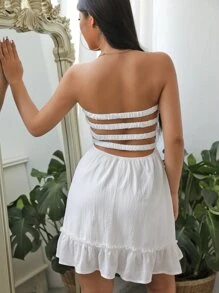 Aloruh Shirred Bodice Cut Out Back Tube Dress - White - View 3