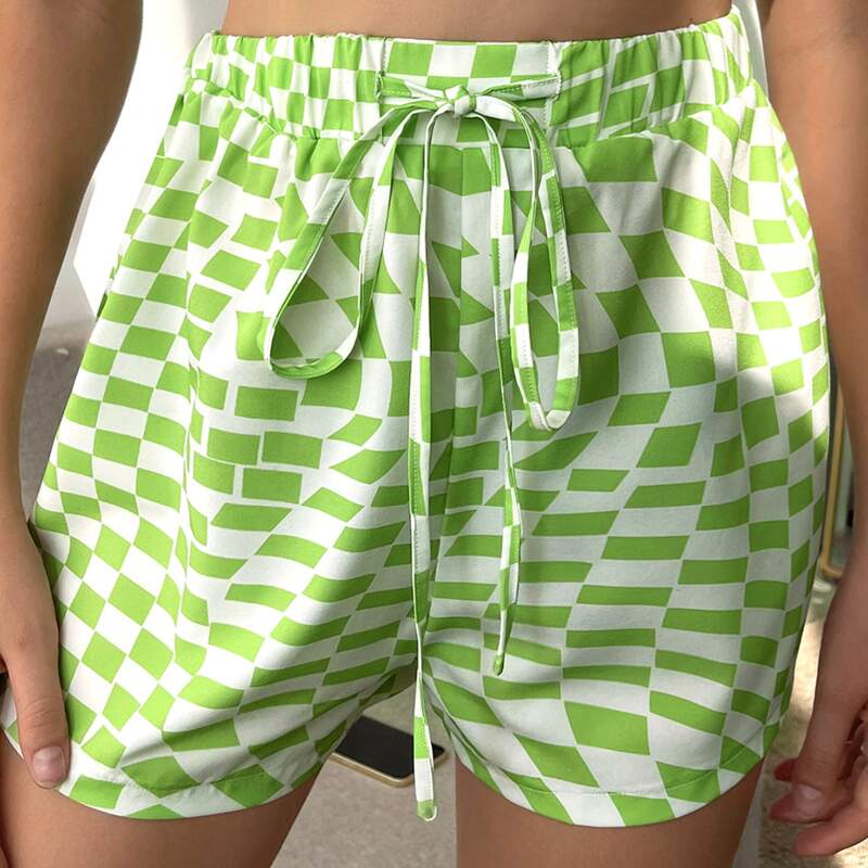

Gingham Print Tie Front Shorts, Lime green