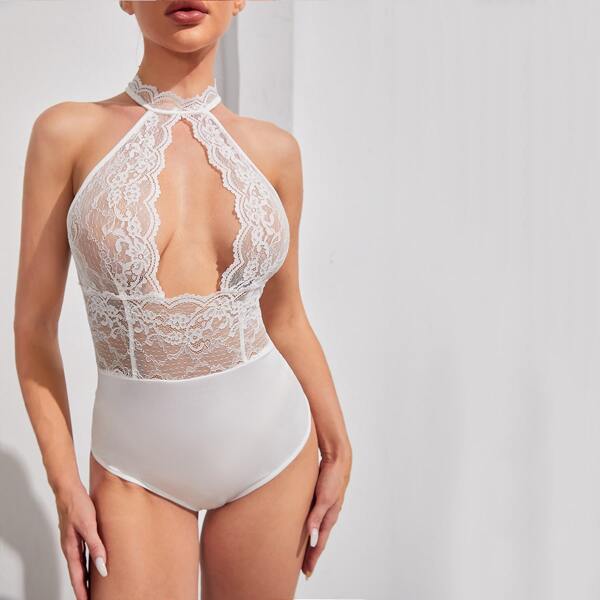 

Cut Out Contrast Lace Panel Halter Bodysuit, White