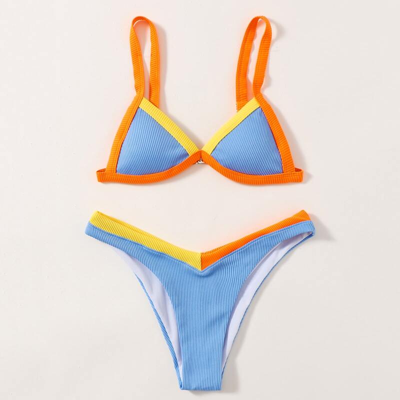 

Rib Contrast Binding Bikini Swimsuit, Multicolor