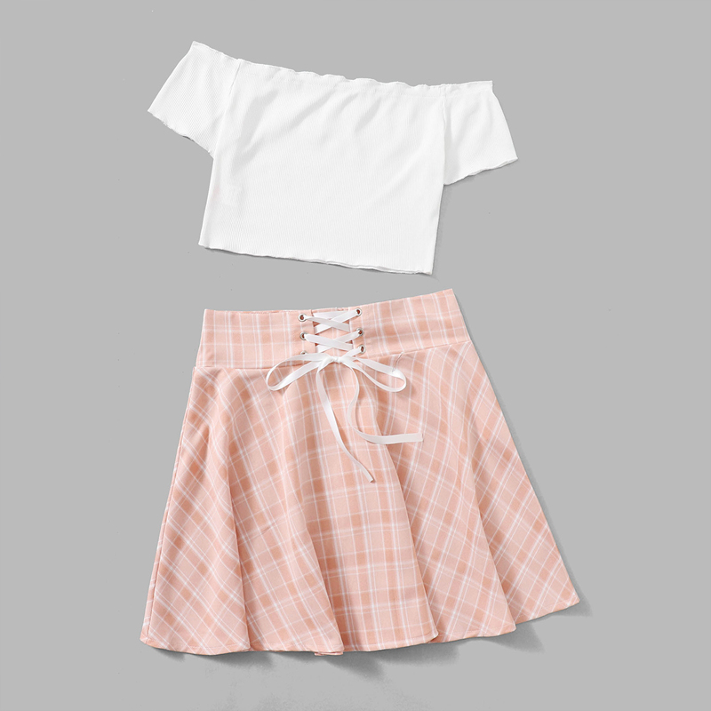 

Off The Shoulder Ribbed Tee & Plaid Lace Up Skirt, Multicolor