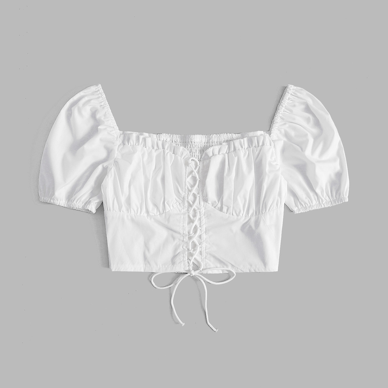 

Solid Lace Up Shirred Blouse, White