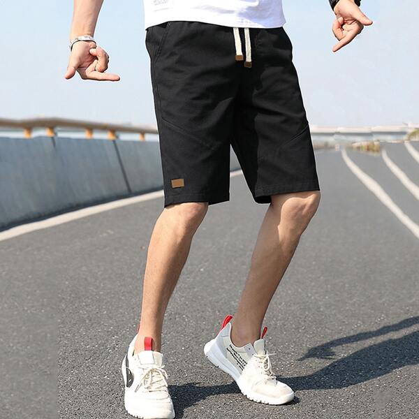 

Men Patched Drawstring Waist Shorts, Black