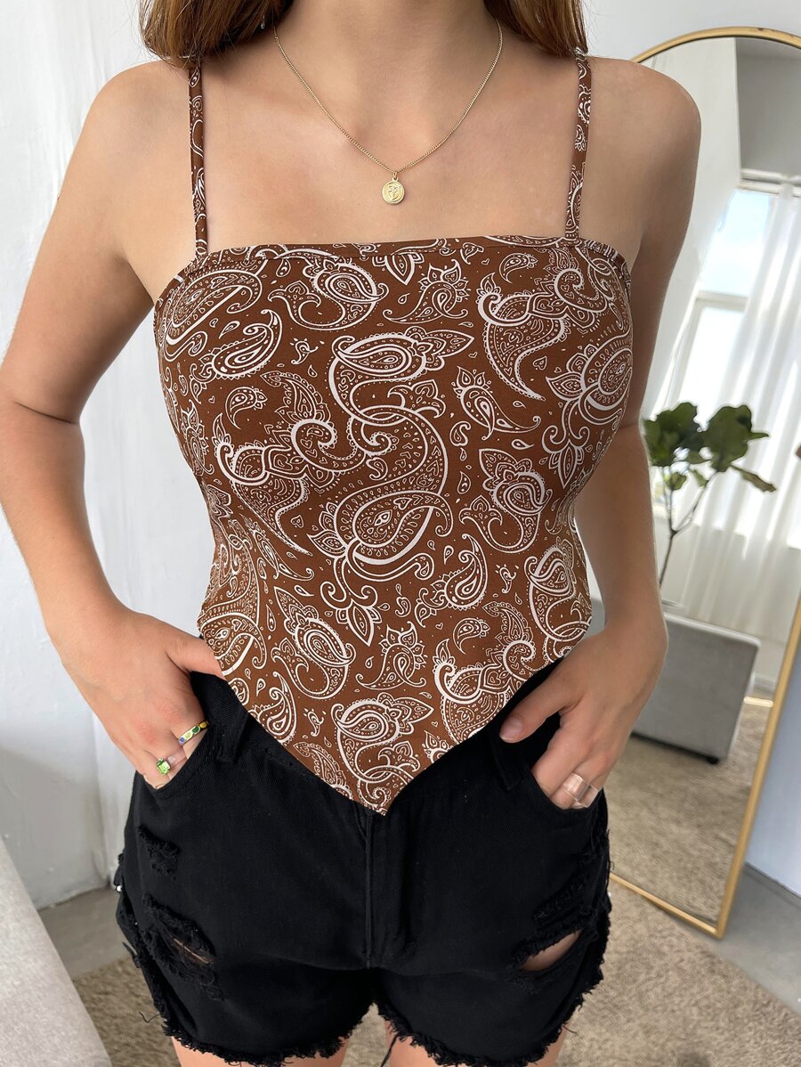 Paisley Shirred Back Cami Bandana Top - Chocolate Brown - View 1