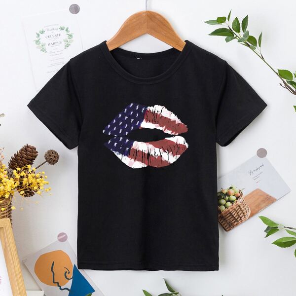 

Toddler Girls 1pc American Flag And Lip Print Crew Neck Tee, Black