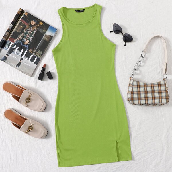 

Scoop Neck Split Hem Rib-knit Dress, Olive green