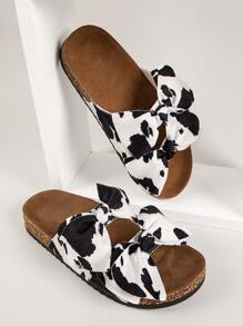 Cow Print Double Bow Vamp Slide Sandals - Black and White - View 1