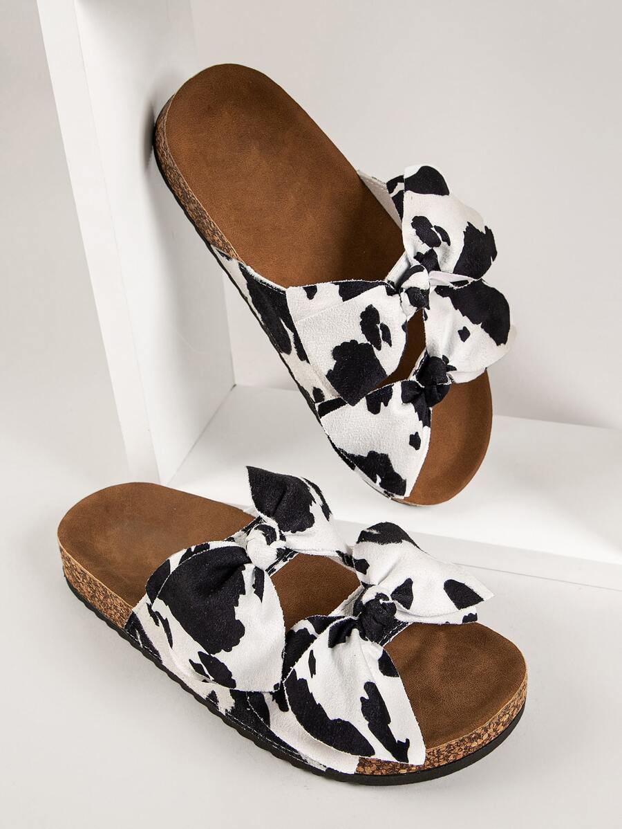 Cow Print Double Bow Vamp Slide Sandals - Black and White - View 1