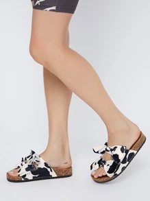 Cow Print Double Bow Vamp Slide Sandals - Black and White - View 2