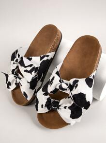 Cow Print Double Bow Vamp Slide Sandals - Black and White - View 3