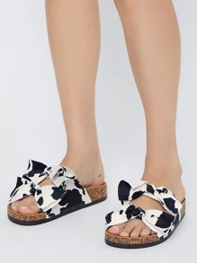 Cow Print Double Bow Vamp Slide Sandals - Black and White - View 4