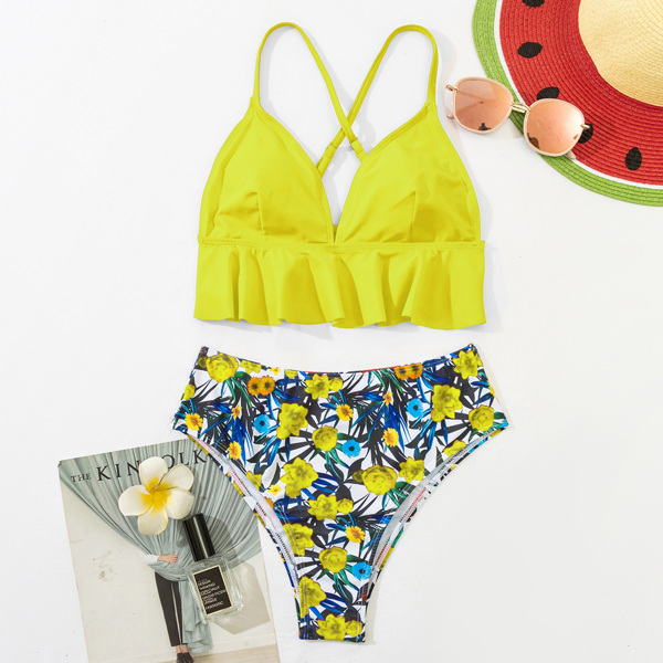 

Floral & Tropical Ruffle Hem Bikini Swimsuit, Multicolor