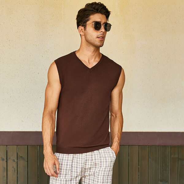 

Men Solid V Neck Vest Sweater, Coffee brown